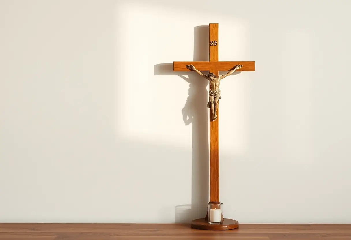 Crucifix de bois contre un mur simple, lumière douce de l'après-midi, symbole de foi et d'amour