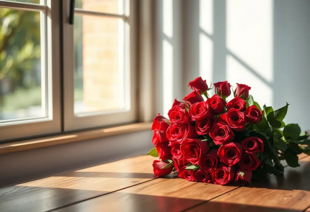 Bouquet de roses rouges sur une table en bois, lumière naturelle