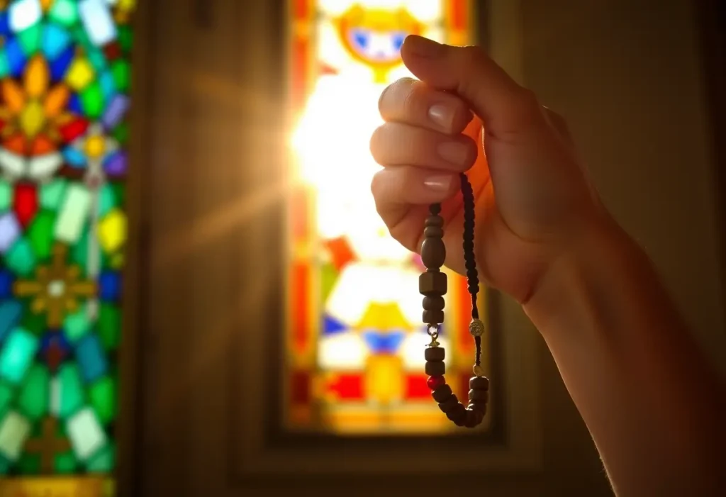 Une main tenant un rosaire en bois avec des ombres colorées