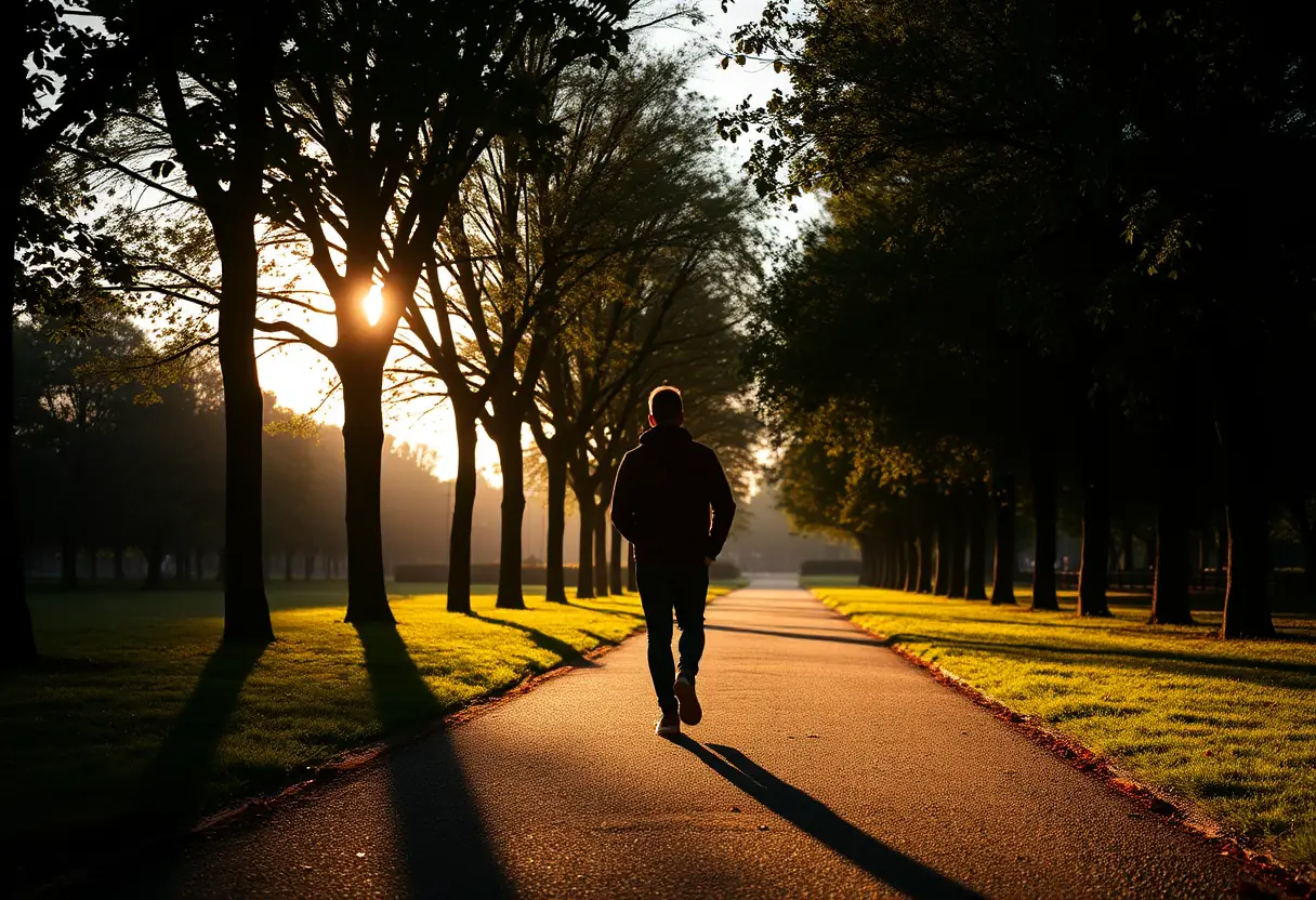 Un silhouettage de personne marchant dans un parc avec des arbres