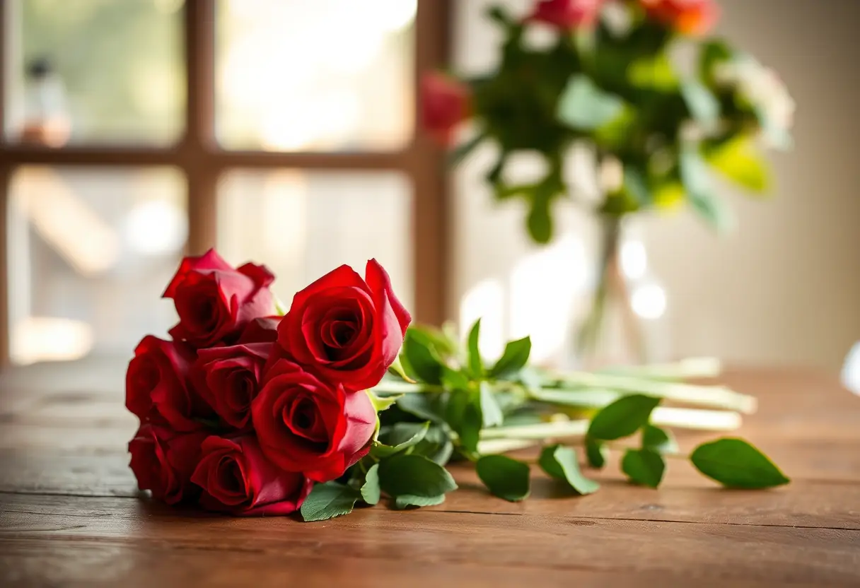 Bouquet de roses rouges sur une table en bois, lumière douce du matin