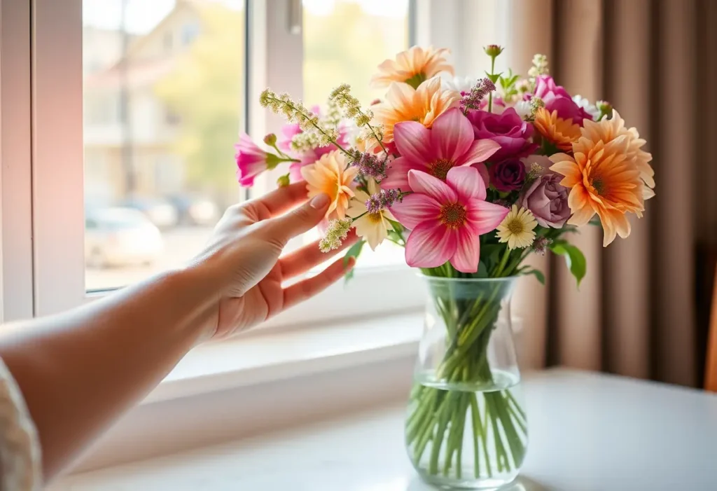 Une main posant un bouquet de fleurs dans un vase pour la Saint-Valentin