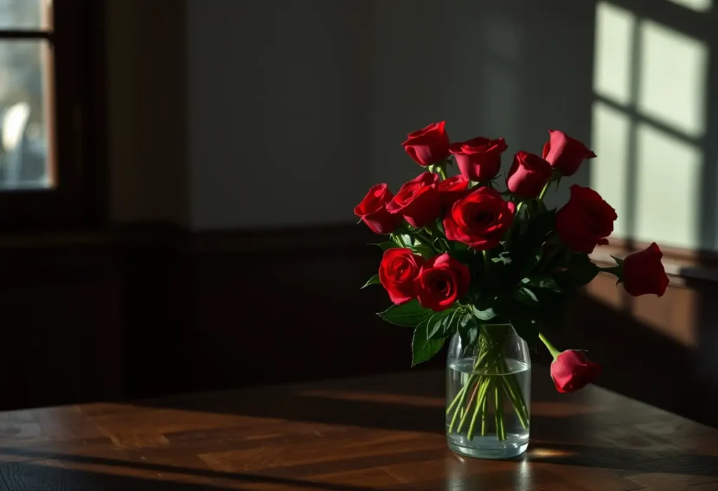 Un vase de roses rouges sur une table en bois évoquant l'amour et la tradition.