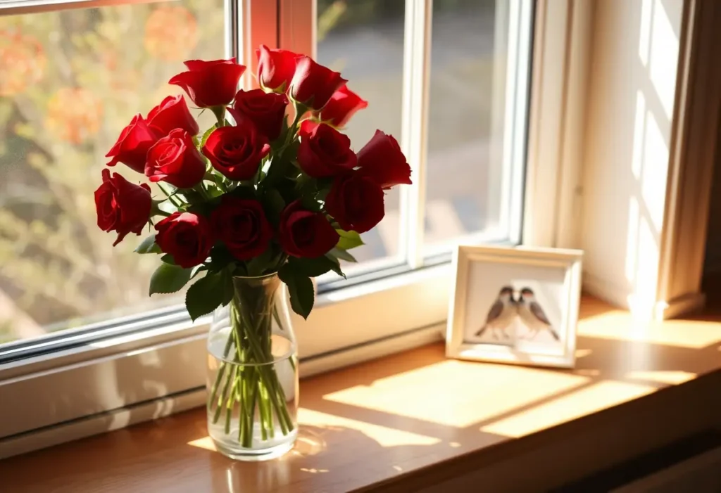 Un vase de roses rouges sur un rebord de fenêtre éclairé par la lumière du soleil, accompagné d'une petite photo encadrée de deux oiseaux.