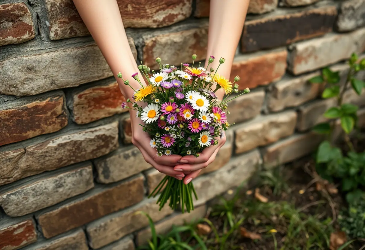 Mains tenant une gerbe de fleurs sauvages, jardin calme pour la Saint-Valentin