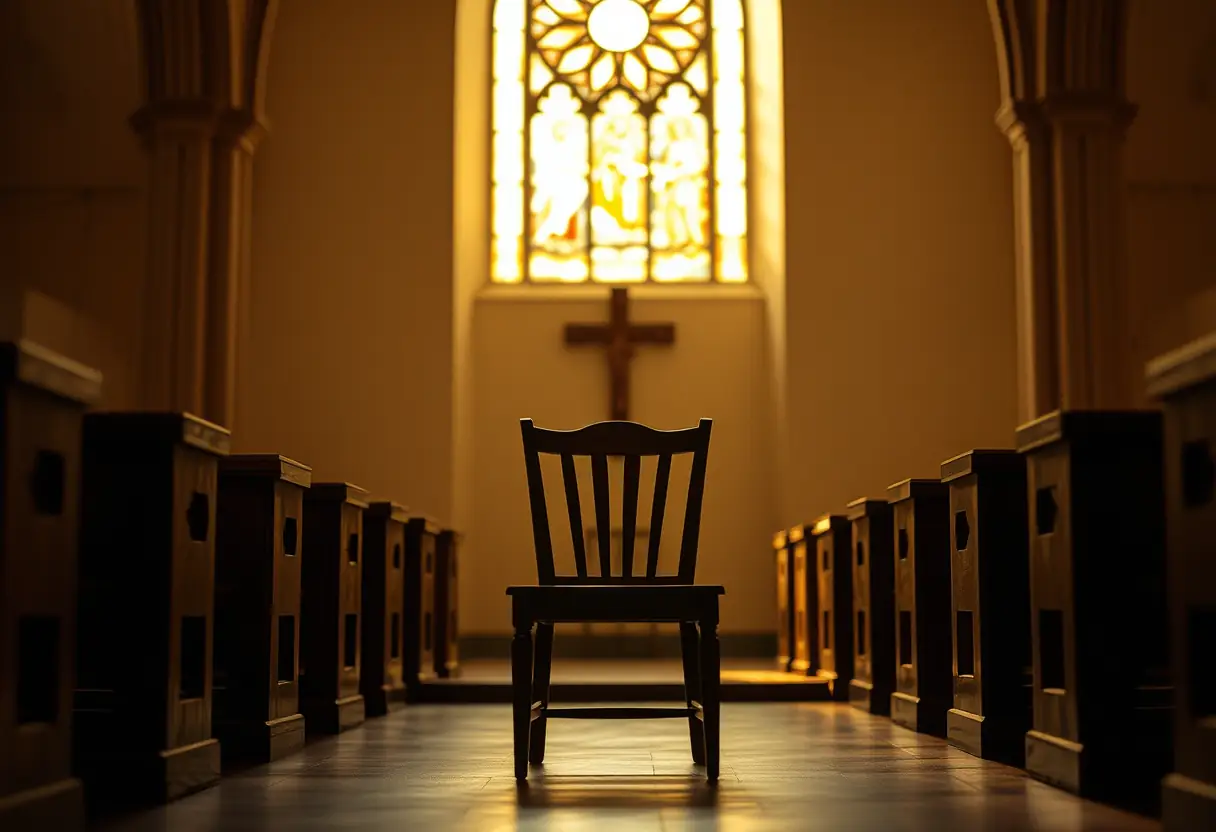 Une chaise en bois dans une chapelle, symbolisant des siècles de contemplation et de célébration de l'amour.