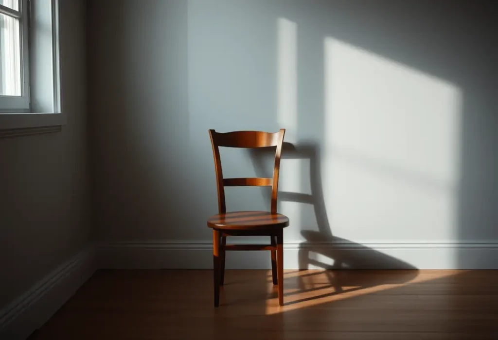 Un fauteuil en bois dans une pièce sombre, symbole de réflexion solitaire.