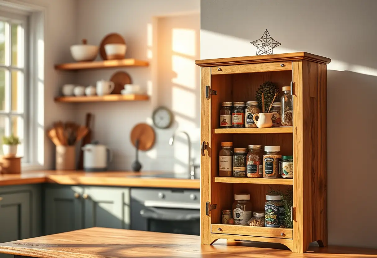 Un petit meuble en bois dans une cuisine, contenant des épices, symbole de chaleur domestique