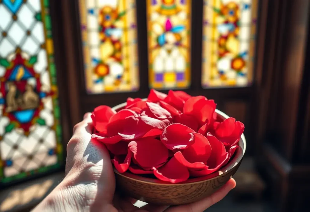 Une main tenant un bol en bois rempli de pétales de roses fraîches
