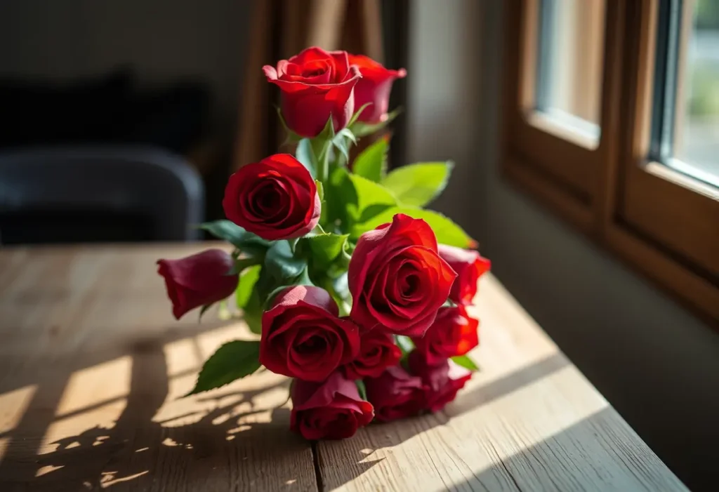 Bouquet de roses rouges sur une table en bois, lumière naturelle
