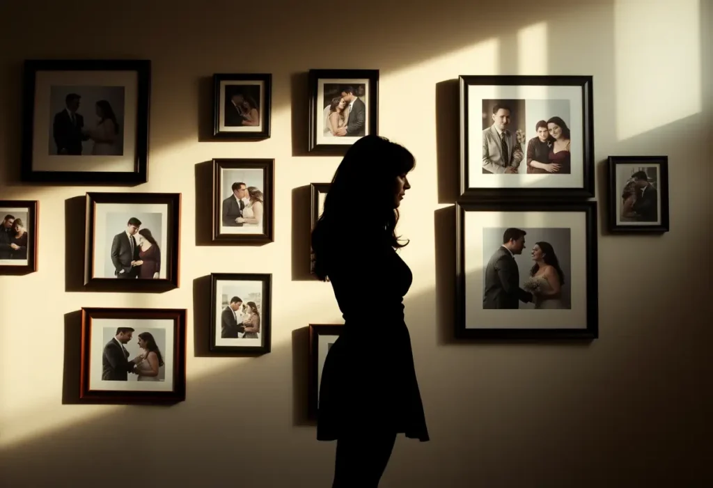 Une femme en silhouette devant un mur de photos encadrées illustrant divers stades de relations