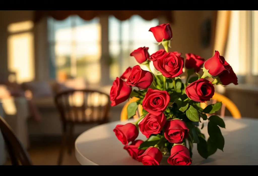 Un bouquet de roses rouges sur une table de salle à manger