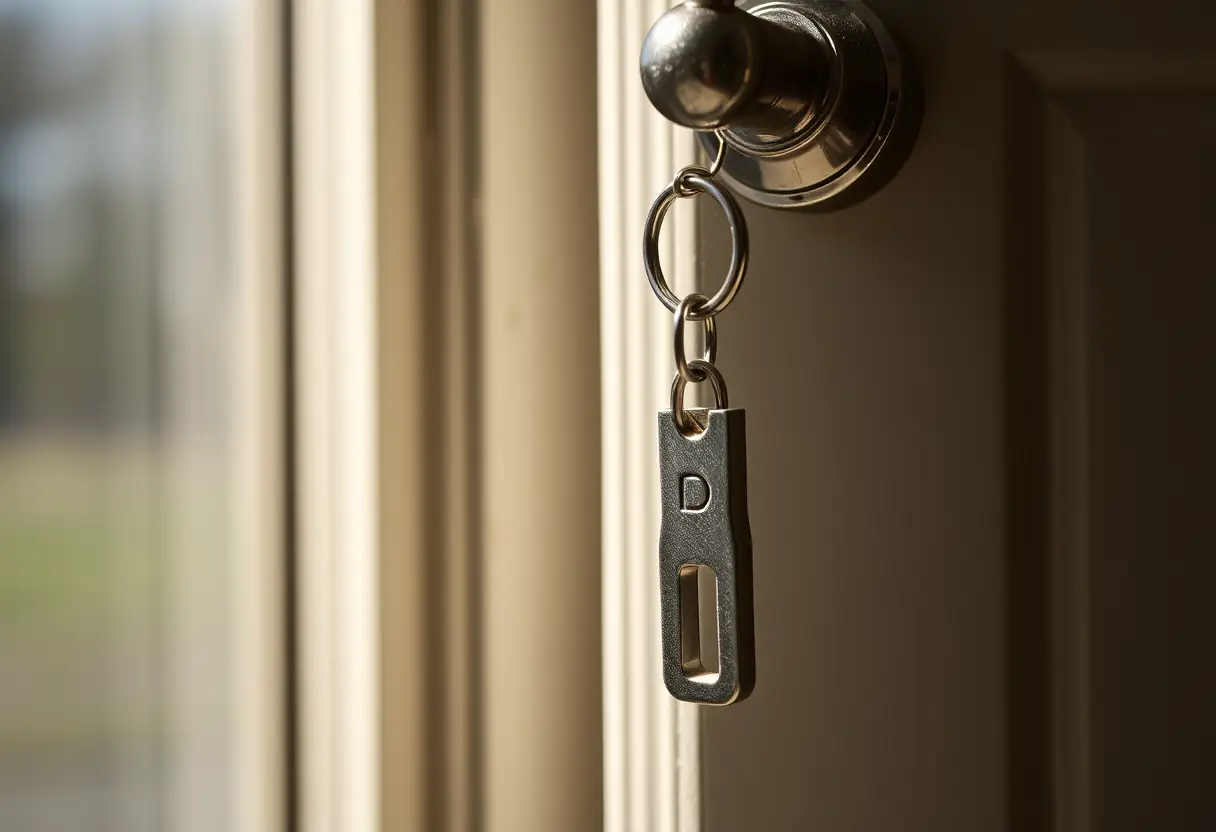 Une clé en métal accrochée à un porte-clés près d'une porte