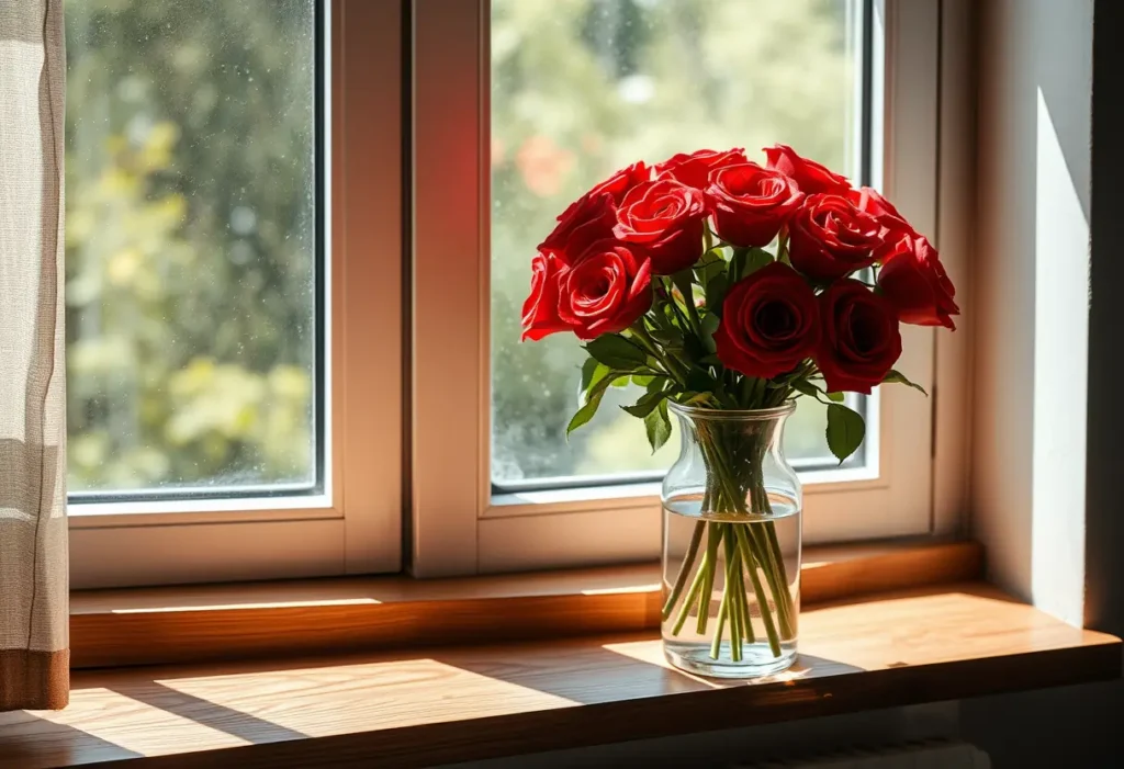 Un bouquet de roses rouges sur un rebord de fenêtre, éclairé naturellement.