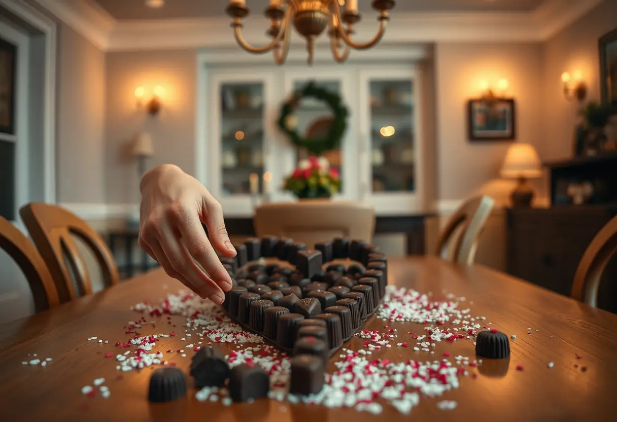 Des mains disposant du chocolat en forme de cœur sur une table de salle à manger, éclairée naturellement.