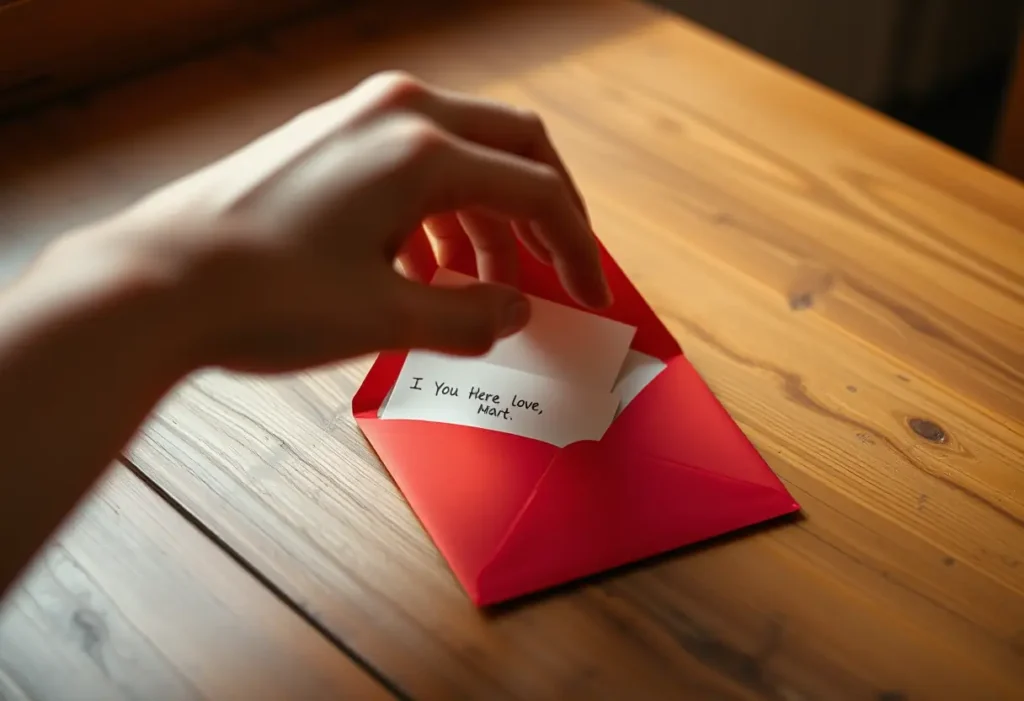 Une main qui prend un enveloppe rouge contenant des mots affectueux