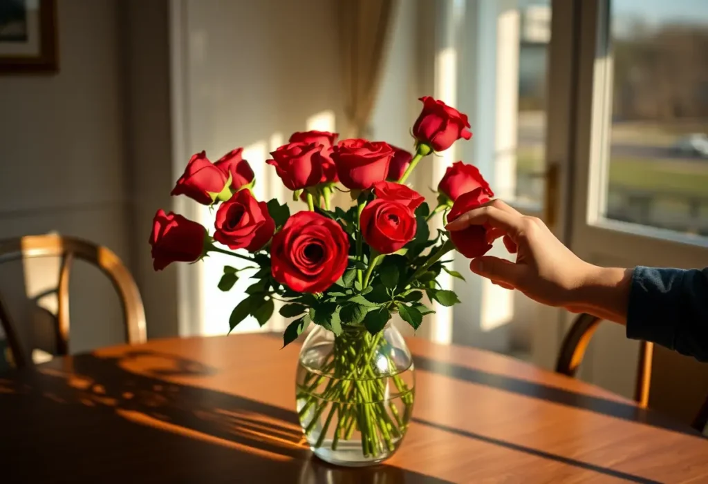 Un bouquet de roses rouges sur une table, une main se tend vers l'une des fleurs.