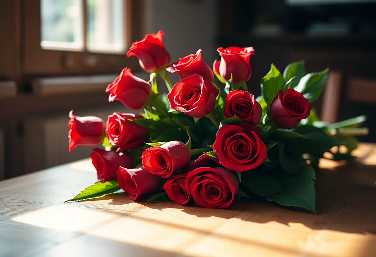 Un bouquet de roses rouges sur une table en bois
