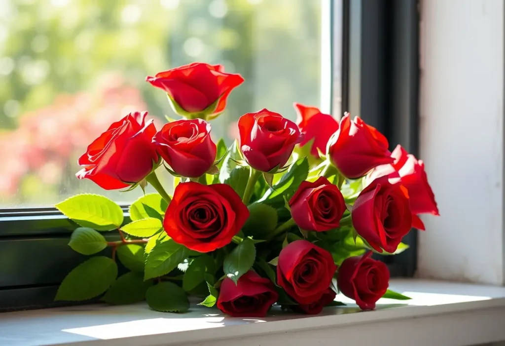 Un bouquet de roses rouges sur un rebord de fenêtre éclairé par le soleil, rappelant la Saint-Valentin