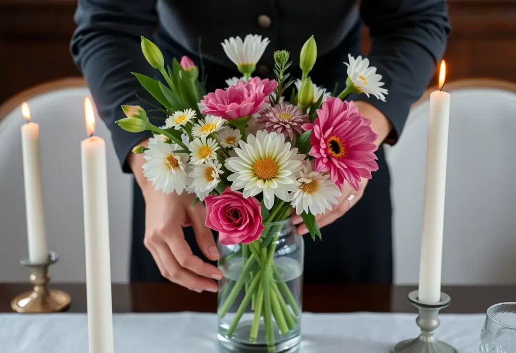 Des mains disposent des fleurs fraîches dans un vase en verre transparent