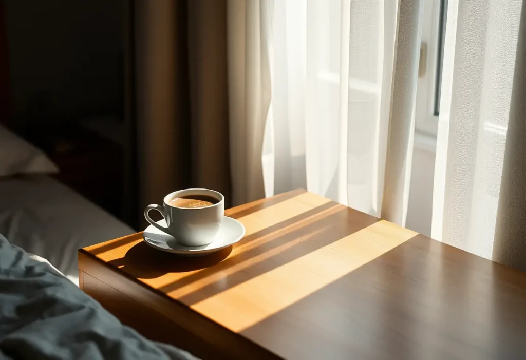 Un café du matin sur une table de nuit éclairée par la lumière du soleil, symbolisant la surprise du matin