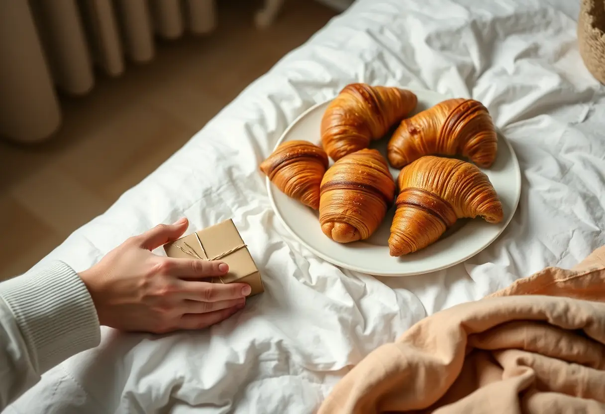 Une main posant un petit cadeau emballé près d'une assiette de croissants sur un lit, représentant l'intimité et la douceur