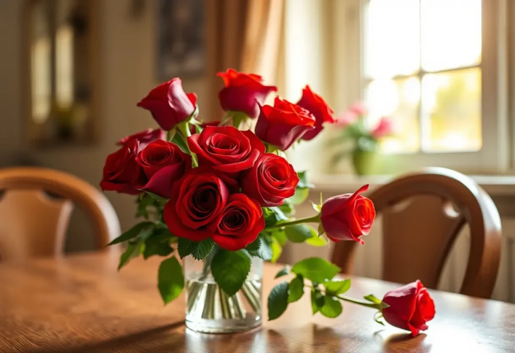 Un bouquet de roses rouges sur une table de salle à manger, reflétant la lumière naturelle par la fenêtre