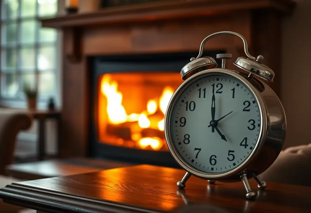 Horloge montrant 14 h 14 dans un salon chaleureux pour la Saint-Valentin