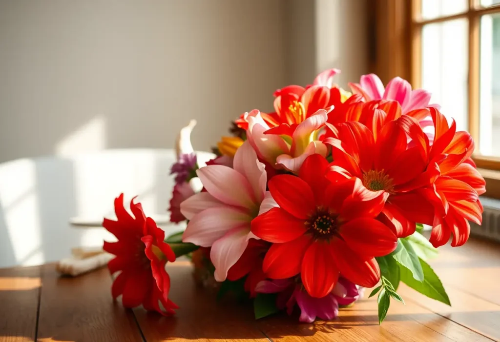 Bouquet de fleurs sur une table en bois, éclairées par la lumière du jour
