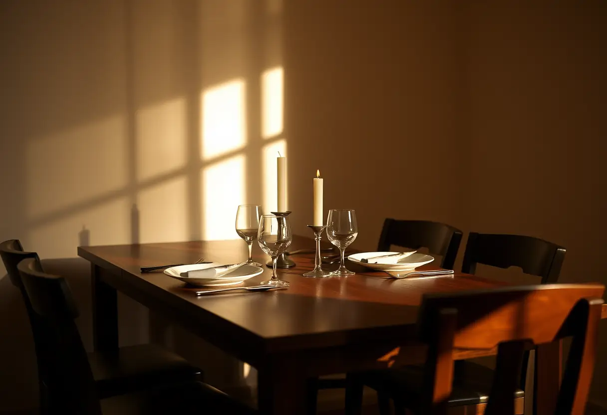 Table de restaurant pour deux personnes avec bougies allumées, créant une ambiance chaleureuse