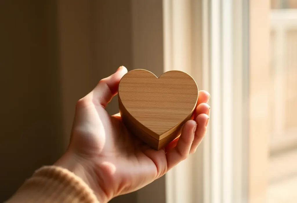 Une main féminine tient délicatement une boîte en bois simple en forme de cœur