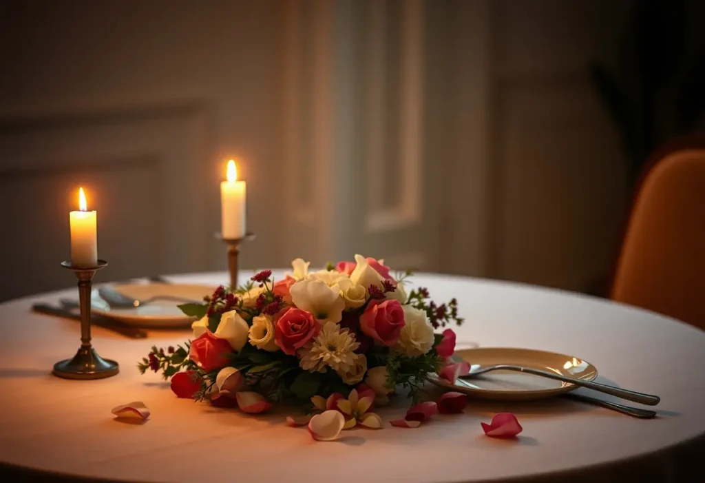 Table dressée pour deux personnes avec des bougies allumées pendant la Saint-Valentin