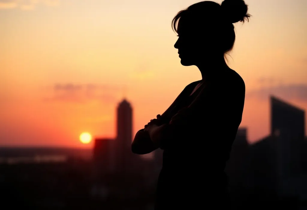 Femme silhouettée contre un ciel de ville au coucher du soleil