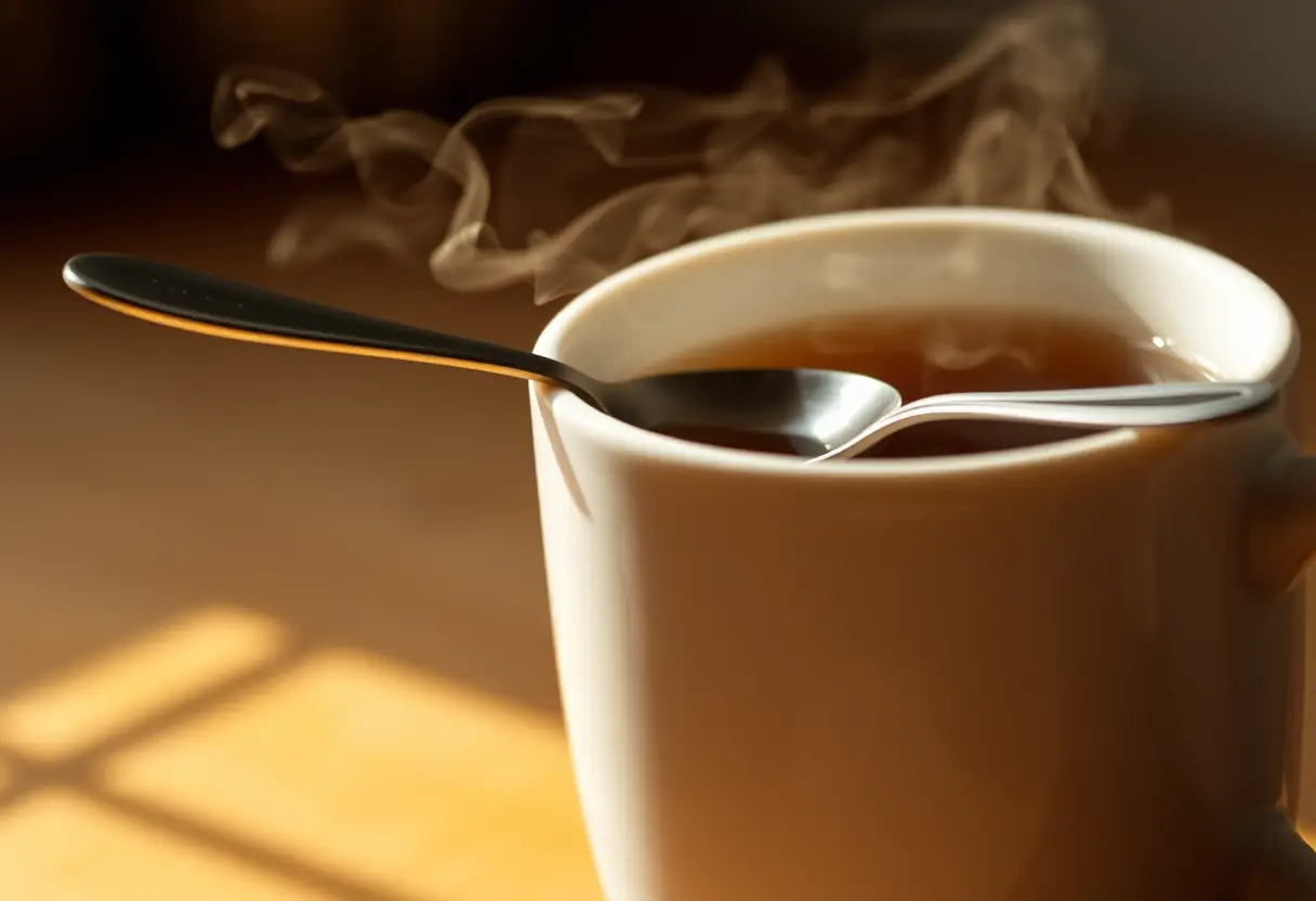 Cuillère dans une tasse de thé chaud pour se détendre et réfléchir