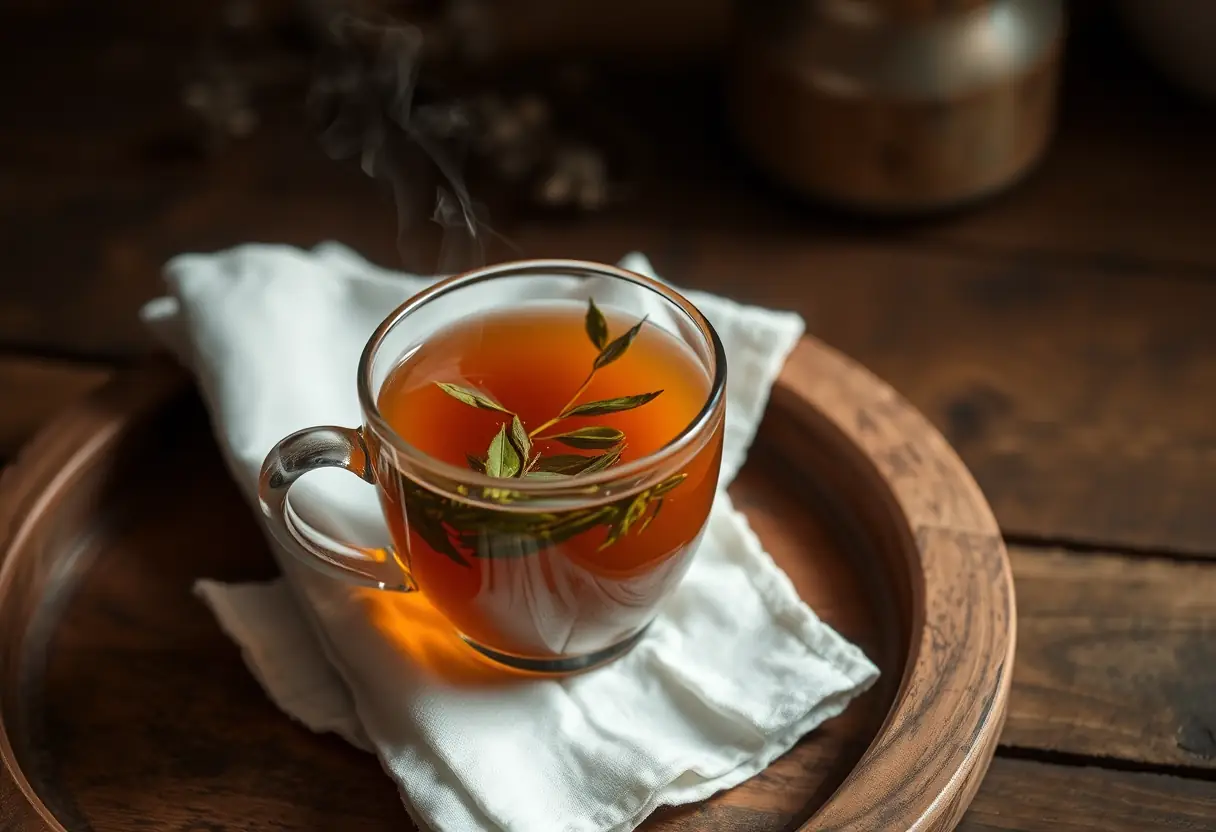 Un cérémonial de thé à base d'herbes dans une tasse sur un torchon blanc, posée sur un plateau en bois brut.