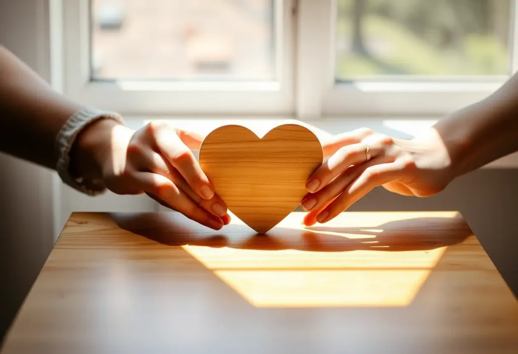 Des mains tenant un objet symbolisant l'amour et la sincérité, édition photo, lumière naturelle.
