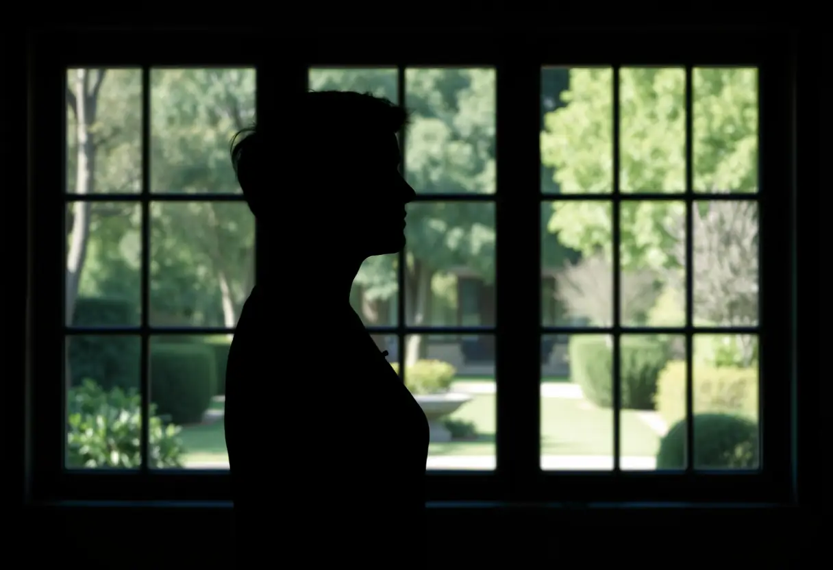 Un profil humain devant une fenêtre offrant une vue sur un jardin, symbolisant l'expression des sentiments, édition photo, lumière naturelle.