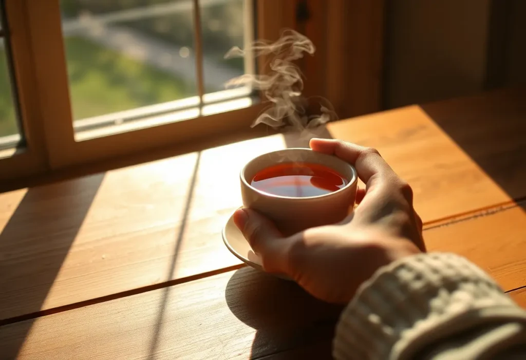 Une main tenant une tasse de thé fumant sur une table en bois près d'une fenêtre où entre la lumière du soleil, représentant la douceur et la chaleur de l'amour.