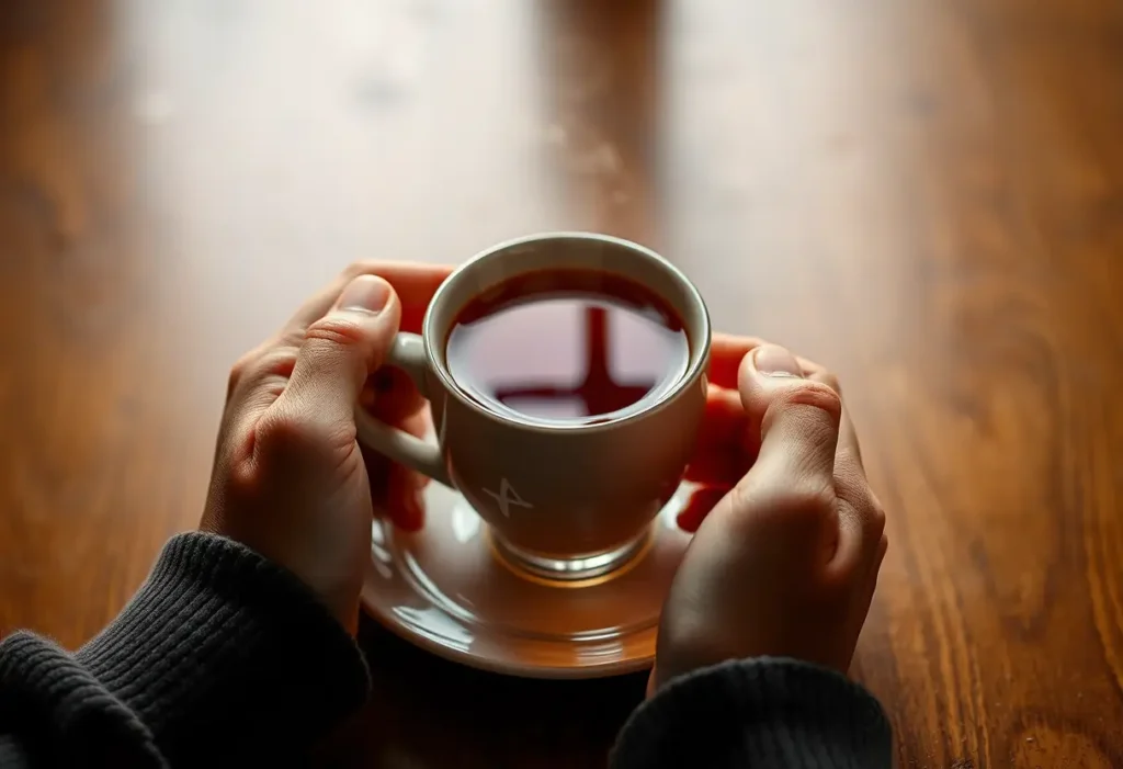 Deux mains tenant une tasse de thé fumant posée sur une table en bois.