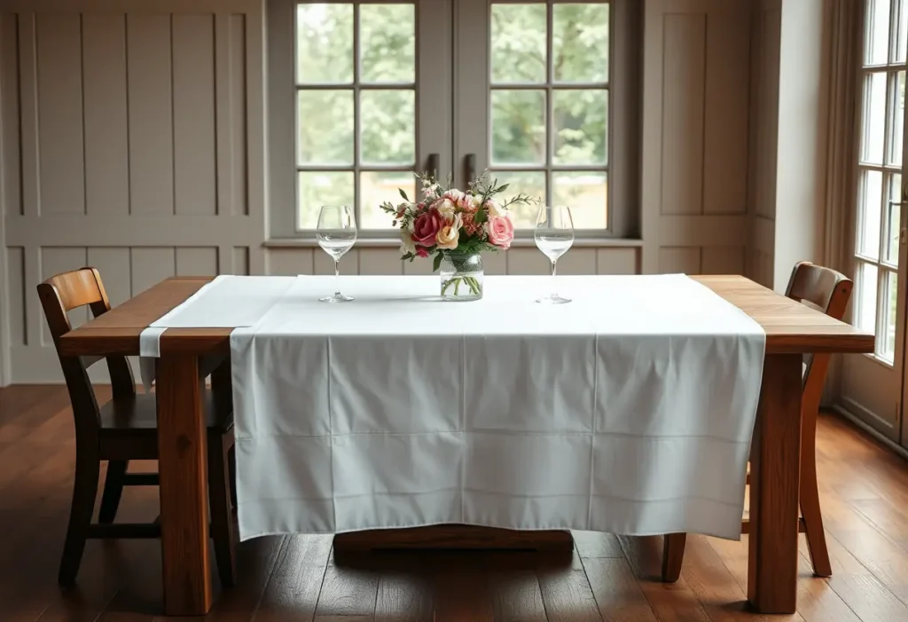 Une grande table de bois dressée pour deux, avec une nappe blanche élégante, deux verres de vin et un vase de fleurs fraîches au centre.