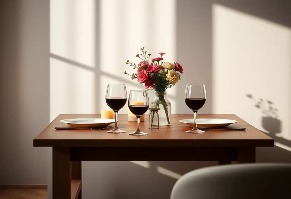 Un magnifique repas romantique sur une table avec bougies et fleurs