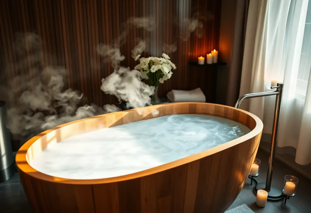 Un grand bain en bois rempli d'eau chaude dans une salle de spa, entouré de bougies émettant une douce lueur, symbolisant la détente et le soin de soi
