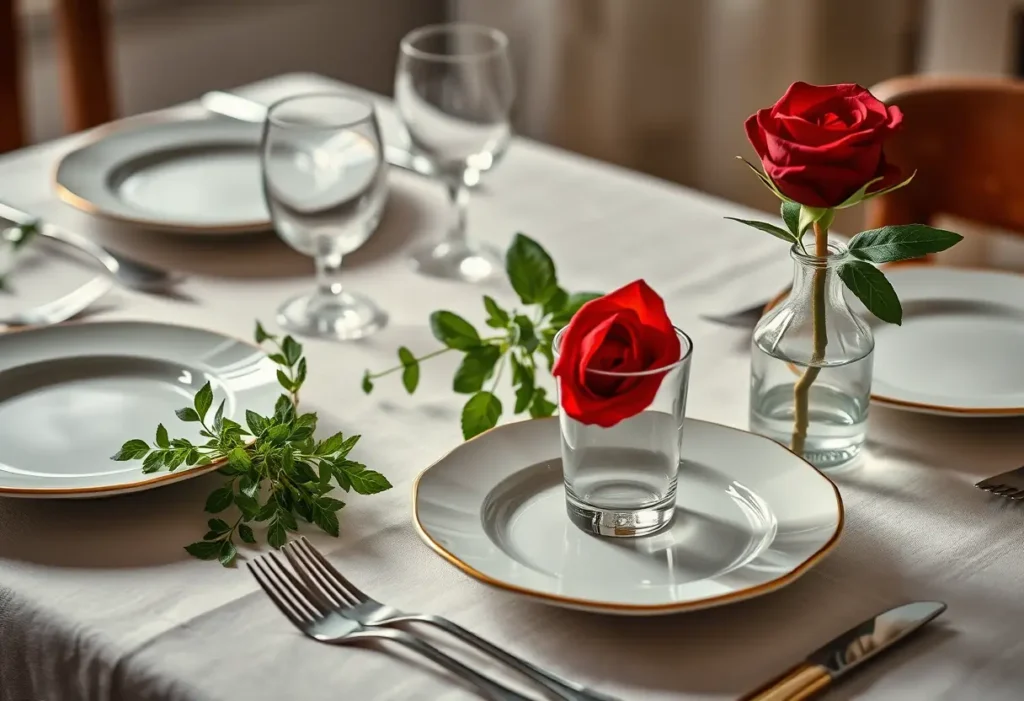 Un couvert romantique avec des assiettes en céramique et des herbes fraîches