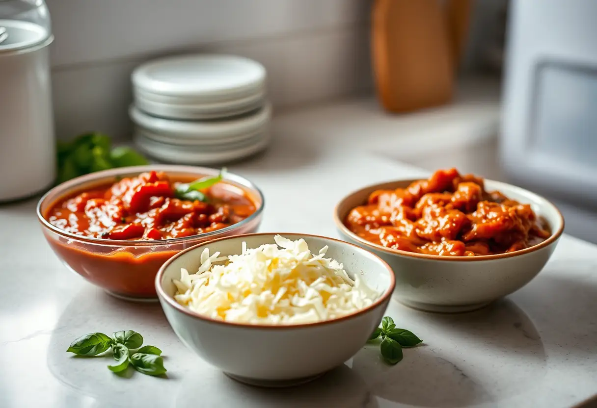 Une étagère de cuisine éclairée avec des ingrédients pour une sauce maison