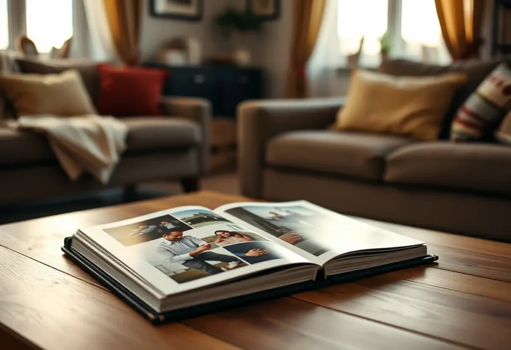 Un album photo de souvenirs intimes posé sur une table basse en bois dans un salon accueillant