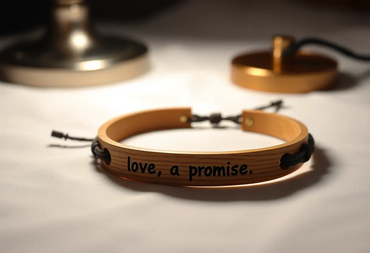 Un bracelet en bois gravé d'un mot significatif posé sur un tissu blanc sous la lumière d'une lampe de bureau