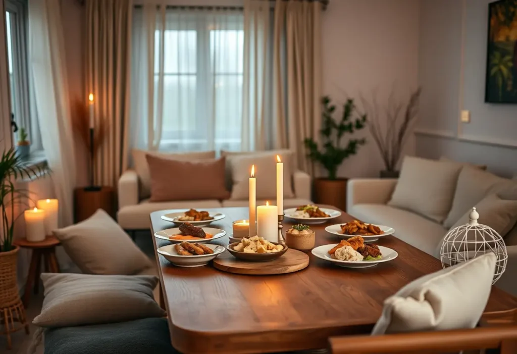Un salon accueillant avec une table en bois chargée de plats maison, éclairée par des bougies et des coussins douillets