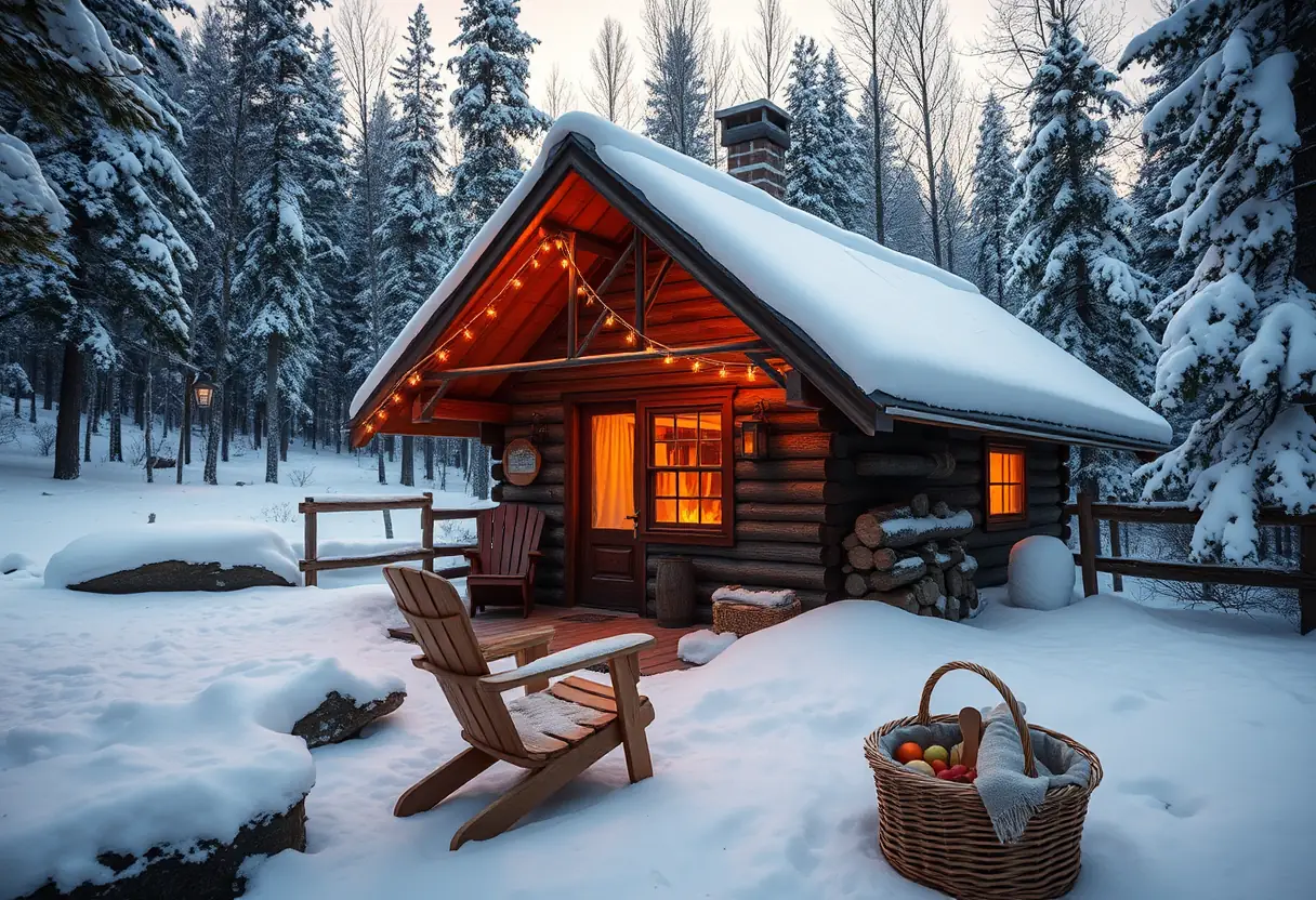 Une cabane nichée dans une forêt enneigée avec un feu de bois réchauffant la pièce, près d’une chaise et d’un panier de produits locaux