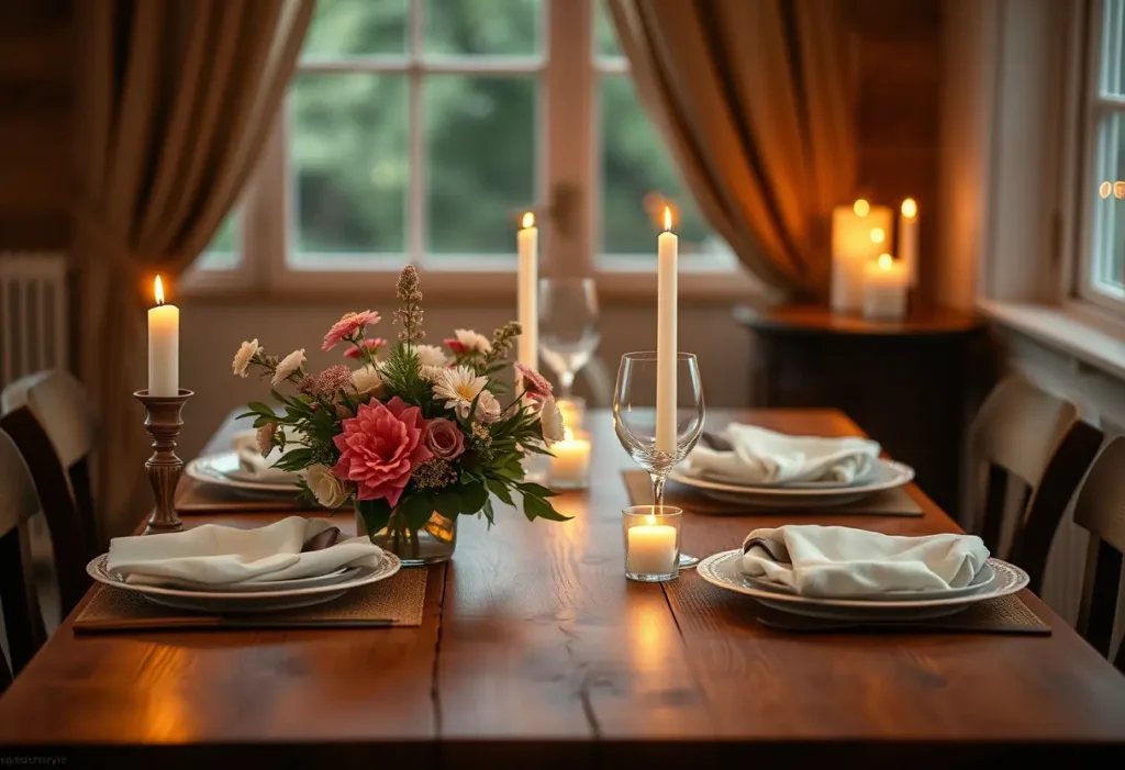 Un couvert romantique pour deux personnes avec des bougies et des fleurs
