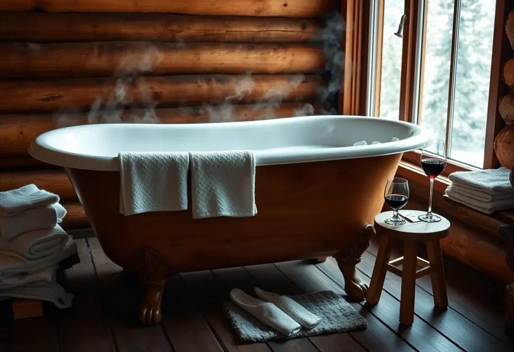 Un bain à remous dans une cabane de montagne, entouré de serviettes en papier et d'une bougie allumée